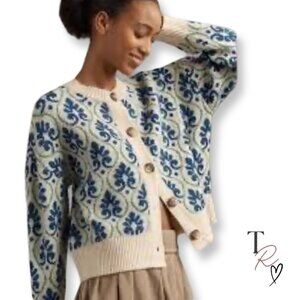Anthropologie Maeve Small Floral Pop Graphic Intarsia Cardigan Cream/Blue/Green